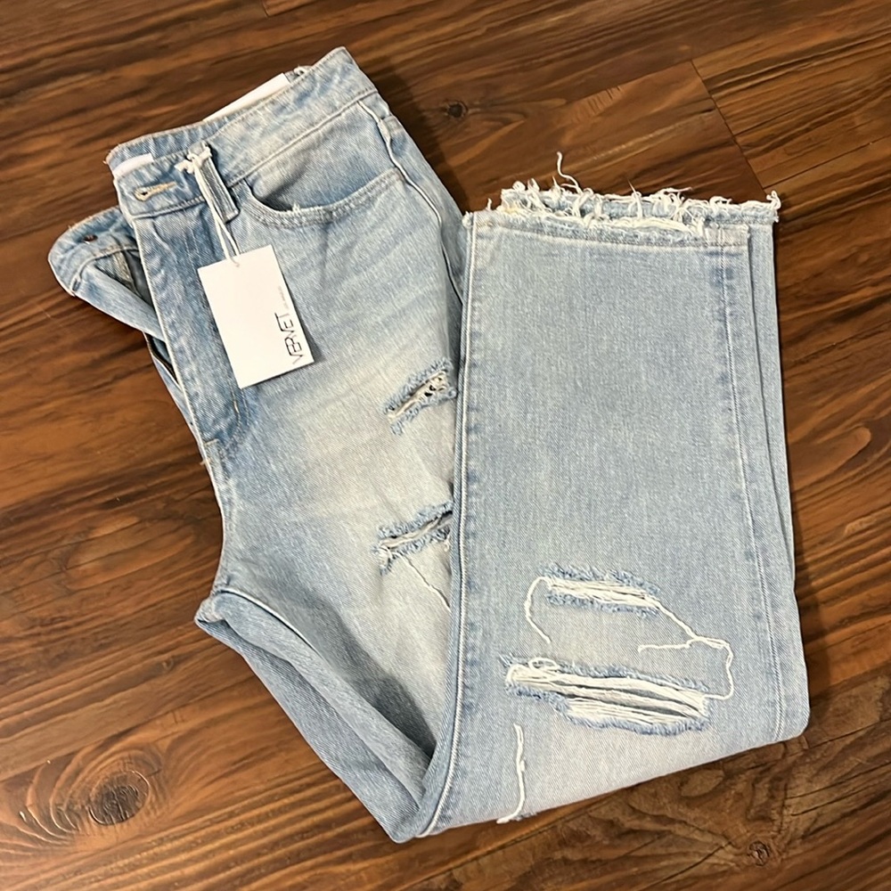 Straight leg high rise distressed jeans